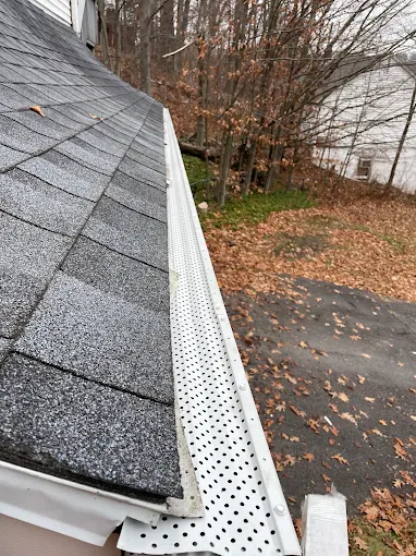 Perforated leaf guard installed over a seamless gutter beside fallen autumn leaves